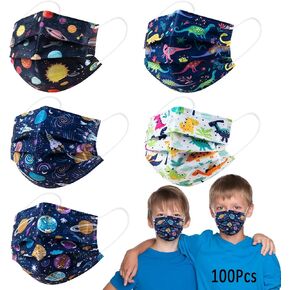 Kids Disposable Face Masks 100 Pack 3-Layer Filter Protection Dust Face Mask with Elastic Ear Loop for Boy Girl