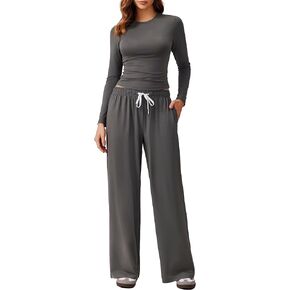 PINSPARK Women 2 Piece Lounge Set Long Sleeve Cropped Top Wide Leg Pants with Pockets 2024 Fall Outfits Matching Tracksuit
