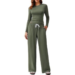 PINSPARK Women 2 Piece Lounge Set Long Sleeve Cropped Top Wide Leg Pants with Pockets 2024 Fall Outfits Matching Tracksuit
