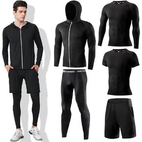 Mens 5Pcs Quick Dry Compression Sets Tops Accessories Clothes Equipment for Workout Gym Athletic Running Sport