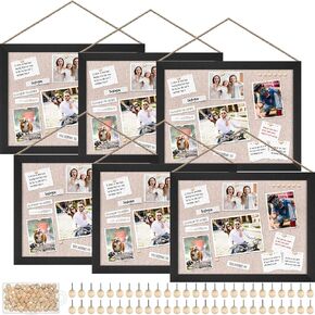 Teling 6 Pack Wood Bulletin Boards with Linen 12''x 16'' Cork Board for Walls with 60 Pushpin Decorative Hanging Pin Board Wood Framed Display Bulletin Board for Room School Office Bedroom (Black)