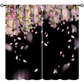 Cherry Blossom Window Curtains,Japanese Full Moon Summer Fantasy Sky Blackout Drapes,Romantic Night Pink Cherry Blossom Floral Nature Scenery Curtains for Living Room Bedroom Cafe 42x45 Inch