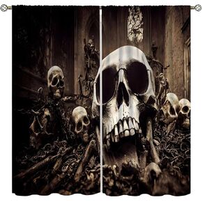 Horror Skull Curtains Gothic Horror Skeleton Wall Black Gray Halloween Decorative Curtains Bedroom Living Room Decorative Curtains W42 * L45 Inch
