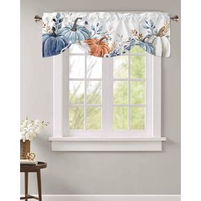 Fall Green Pumpkin Curtain Valances for Kitchen Window Tie Up Shade Thanksgiving Orange Pumpkin Short Topper for Small Windows Eucalyptus Leaves Rod Pocket Valance Curtains for Cafe Bedroom 54" x 18"