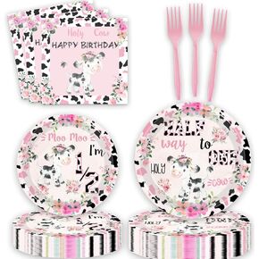 80pcs Holy Cow I'm 1/2 Girls Birthday Decorations Moo Moo I'm Half Way To First Paper Plates Napkins Forks Dinnerware for Farm Animals Cow Themed Girls 6 Months Baby Shower Bday Party Supplies