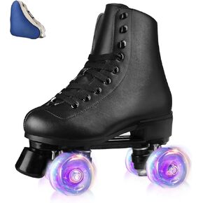 Outdoor Roller Skates for Women Girls Boys and Youth, Derby Quad Rollerskates with Light up Wheels, High-top Leather Suitable for Indoor Outdoor