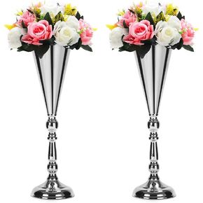 Set of 2 Tabletop Metal Wedding Flower Trumpet Vase Wedding Centerpiece Flower Vase for Wedding Event Decoration Living Decor Party Decor (Silver, 2×M)