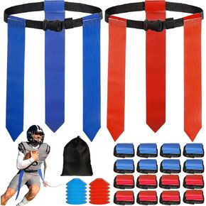 Flag Football Belts, 16 Player Adjustable Flag Football Set with 48 Flags, 12 Cones Flag Football Belts and Flags for Youth Adults Training