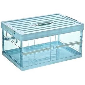 Clear Foldable Storage Bins with Lids Plastic Collapsible Box Portable Stackable Grocery Books Container Folding Latching Crate for Indoor Outdoor Car Trunk (All White)