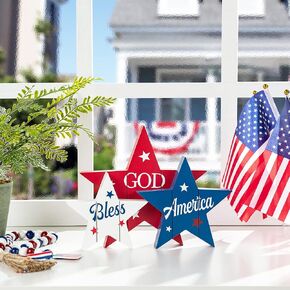 Glitzhome Seasonal Wooden Decor Patriotic American Wood Star Tabletop Signs for Memorial Day 4th of July Decor Holiday Seasonal Interchangeable Signs 13 Pcs Decorative Home Sign Tiered Tray Decor