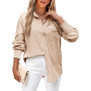 LEMAFER Womens 2024 Smocked Cuffed Striped Boyfriend Shirt Flap Pocket Cotton-Blend Casual Button Down Collared Blouse