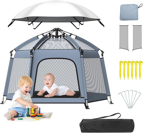 Pop up Playpen with Canopy - Portable Baby Beach Tent - Indoor & Outdoor for Baby and Toddler, Foldable, Portable W/Canopy & Travel Bag - Grey in Kuwait