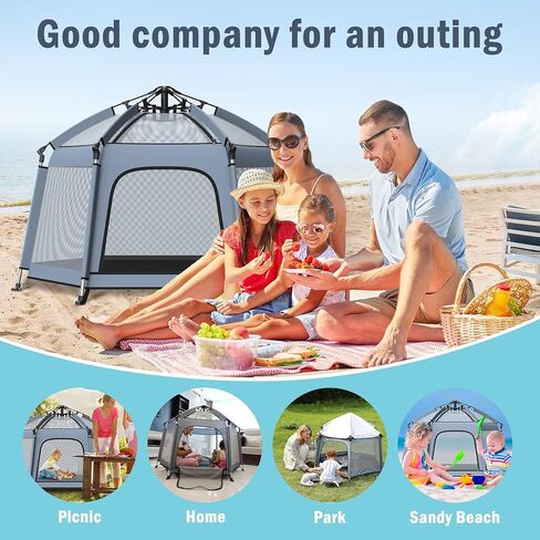 Pop up Playpen with Canopy - Portable Baby Beach Tent - Indoor & Outdoor for Baby and Toddler, Foldable, Portable W/Canopy & Travel Bag - Grey in Kuwait