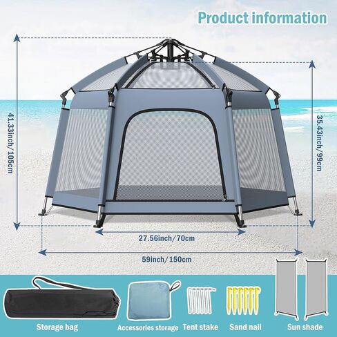 Pop up Playpen with Canopy - Portable Baby Beach Tent - Indoor & Outdoor for Baby and Toddler, Foldable, Portable W/Canopy & Travel Bag - Grey in Kuwait
