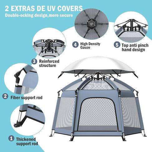Pop up Playpen with Canopy - Portable Baby Beach Tent - Indoor & Outdoor for Baby and Toddler, Foldable, Portable W/Canopy & Travel Bag - Grey in Kuwait