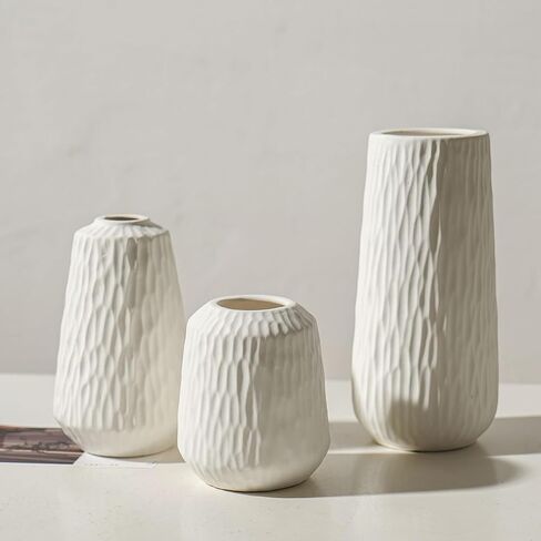 White Ceramic Vase Set of 3 Modern Minimalist Bohemian Home Decor Vase Farmhouse Rustic Mantel and Shelf Decor Spacious Vase for Living Room Entryway Countertop Accents and Gift in Saudi Arabia