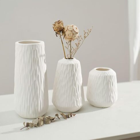 White Ceramic Vase Set of 3 Modern Minimalist Bohemian Home Decor Vase Farmhouse Rustic Mantel and Shelf Decor Spacious Vase for Living Room Entryway Countertop Accents and Gift in Saudi Arabia