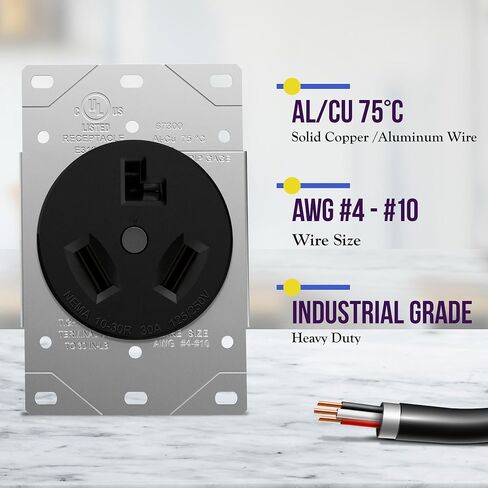 ENERLITES 50 Amp Receptacle Outlet, NEMA 10-50R, Residential Commercial Industrial Grade, Outdoor/Indoor, 3-Pole, 3 Wire, No Ground Contact, (10,8,6,4) AWG, UL Listed, 125/250V, 67500-BK, Black in Saudi Arabia