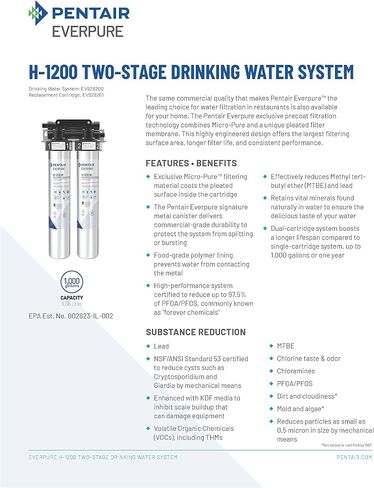 مجموعة خرطوشة فلتر Pentair Everpure H-1200 سريعة التغيير، EV928201، حزمة مزدوجة بديلة للاستخدام في نظام مياه الشرب Everpure H-1200، سعة 1000 جالون، 0.5 ميكرون in Kuwait