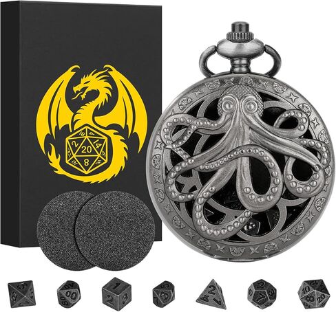 Mini DND Dice Set Steampunk Hollow Octopus Pocket Watch Shell Case, 7pcs Polyhedral Metal D&D Dice Set, DND Gifts with Gift Box for Player, Role Playing Board Games Accessories, Bronze in Saudi Arabia