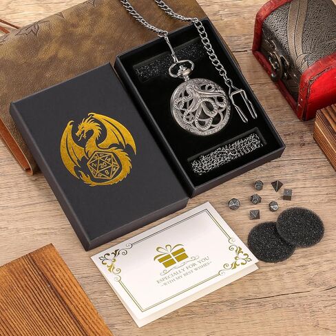 Mini DND Dice Set Steampunk Hollow Octopus Pocket Watch Shell Case, 7pcs Polyhedral Metal D&D Dice Set, DND Gifts with Gift Box for Player, Role Playing Board Games Accessories, Bronze in Saudi Arabia
