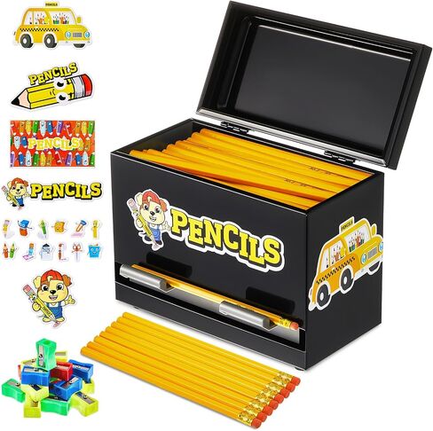 Ctosree 157 Pcs Stainless Steel Pencil Dispenser Kit With 100 Pencils 50 Sharpener 6 Sticker DIY Metal Pencil Holder School Classroom(Black) in Saudi Arabia