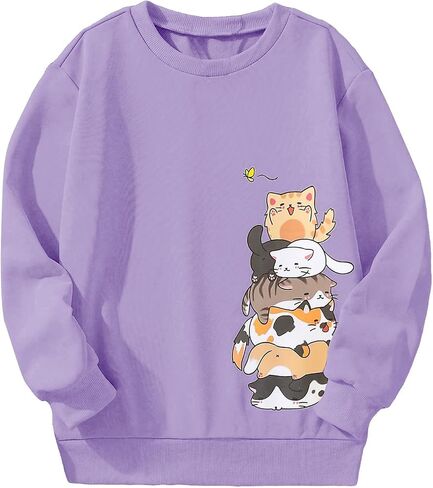 Girl's Cartoon Graphic Long Sleeve Crewneck Sweatshirts Drop Shoulder Cute Pullover Tops T Shirt in Saudi Arabia