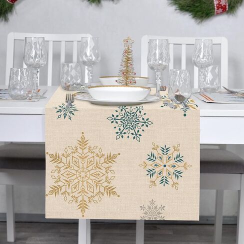 Seliem Winter Snowflakes Table Runner, Gold Blue Tabletop Scarf Home Kitchen Christmas Holiday Decor Sign, Seasonal Farmhouse Rustic Burlap Dining Decorations Party Supplies 13 x 72 Inch in Saudi Arabia