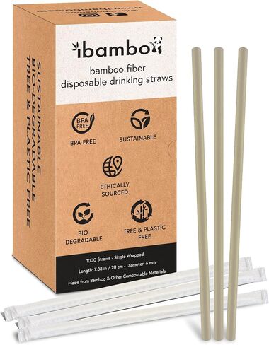 250 Pack Disposable Bamboo Powder Straws - 7.88" Compostable Single Wrapped Drinking Straws | Durable Disposable Straws for Hot & Cold Drinks | Biodegradable Straws for Commercial or Home Use in Kuwait