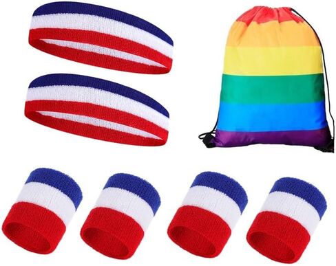 7 Pcs Striped Sweatbands Set - 2Pcs Headband & 4Pcs Wristbands & 1Rainbow Drawstring Backpack Sweat Band Set for Men and Women Athletic Bands for Gym, Basketball, Working Out in Saudi Arabia