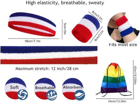 7 Pcs Striped Sweatbands Set - 2Pcs Headband & 4Pcs Wristbands & 1Rainbow Drawstring Backpack Sweat Band Set for Men and Women Athletic Bands for Gym, Basketball, Working Out in Saudi Arabia