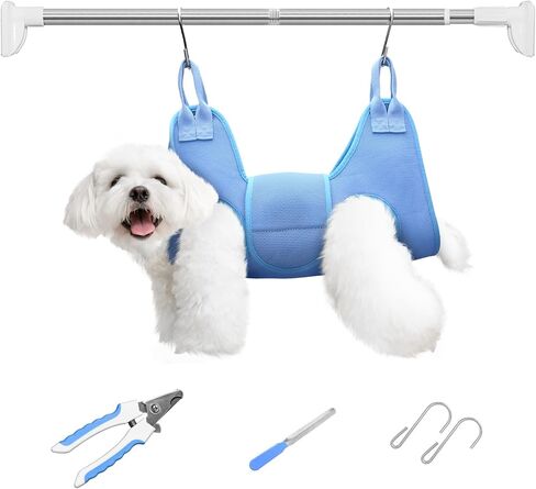 Dog Grooming Hammock with Tension Rods, Pet Grooming Hammock with Pet Nail Clipper & Nail Trimmers, Cat Hanger Sling for Trimming Clipping Nails, Pet Grooming Sling Helper for Dogs & Cats (S) in Kuwait