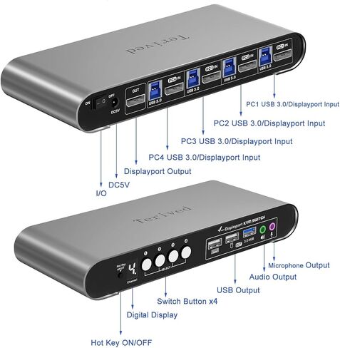 4 Computers and 1 Monitor DP USB 3.0 KVM Switch 4K@144Hz with Hotkey Switching and Audio Port, Digital Display Aluminum Body Cables inclued in Kuwait