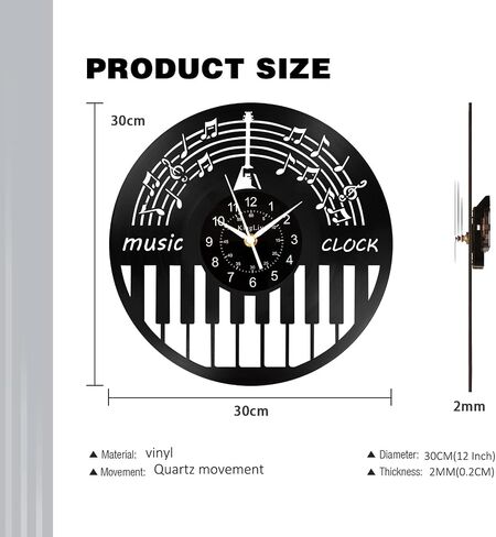 Music Notes Clock Piano Design Retro Wall Clocks, 12 Inch Vintage Guitar Vinyl Record Clock, Battery Operated Creative Decor for Office, Kitchen, School, Home Decor Music Gifts, Black in Saudi Arabia