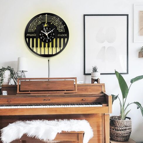 Music Notes Clock Piano Design Retro Wall Clocks, 12 Inch Vintage Guitar Vinyl Record Clock, Battery Operated Creative Decor for Office, Kitchen, School, Home Decor Music Gifts, Black in Saudi Arabia