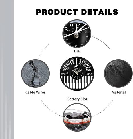 Music Notes Clock Piano Design Retro Wall Clocks, 12 Inch Vintage Guitar Vinyl Record Clock, Battery Operated Creative Decor for Office, Kitchen, School, Home Decor Music Gifts, Black in Saudi Arabia