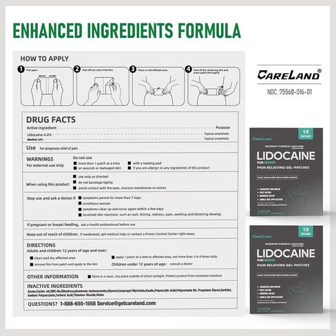 Careland 4% Lidocaine Patches Plus 1% Menthol 15 Count Pain Relief Patches Maximum Strength lidocaine, Back Pain Relief Products, for Neck Knee Joint Pain Nerve Shoulder Pain Relief in Saudi Arabia