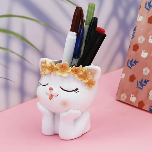Cartoon Resin Pen Container,Cute Animal with Flower Garland Small Succulent Pot Pen Holder Pencil Cup Animal Pen Holder Desktop Organizer Home Office Desktop Decoration Kid Student Gift (Bear) in Saudi Arabia