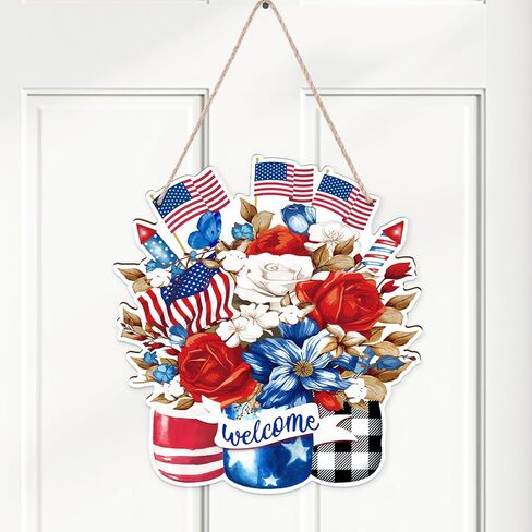 250th Anniversary Decorations: 4th of July Wooden Wreath for Front Door, Red White Blue Patriotic Memorial Day Independence Day Welcome Sign Decor in Saudi Arabia
