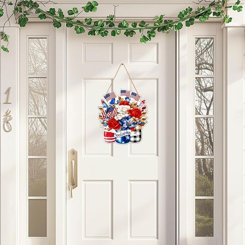 250th Anniversary Decorations: 4th of July Wooden Wreath for Front Door, Red White Blue Patriotic Memorial Day Independence Day Welcome Sign Decor in Saudi Arabia