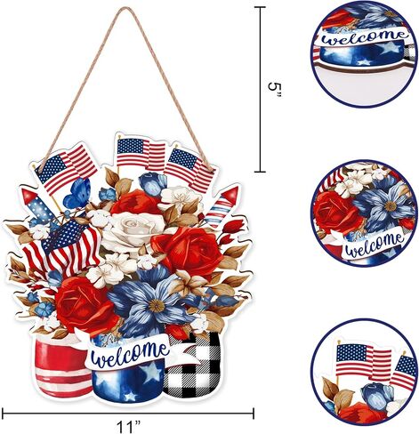 250th Anniversary Decorations: 4th of July Wooden Wreath for Front Door, Red White Blue Patriotic Memorial Day Independence Day Welcome Sign Decor in Saudi Arabia