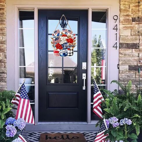 250th Anniversary Decorations: 4th of July Wooden Wreath for Front Door, Red White Blue Patriotic Memorial Day Independence Day Welcome Sign Decor in Saudi Arabia
