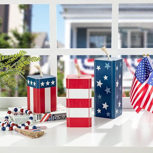 Glitzhome Seasonal Wooden Decor Patriotic American Wood Star Tabletop Signs for Memorial Day 4th of July Decor Holiday Seasonal Interchangeable Signs 13 Pcs Decorative Home Sign Tiered Tray Decor in Saudi Arabia