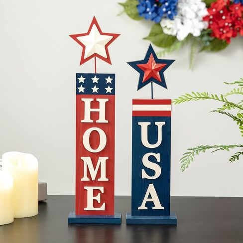 Glitzhome Seasonal Wooden Decor Patriotic American Wood Star Tabletop Signs for Memorial Day 4th of July Decor Holiday Seasonal Interchangeable Signs 13 Pcs Decorative Home Sign Tiered Tray Decor in Saudi Arabia