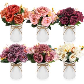 6 Sets Summer Fall Table Centerpieces Decor Artificial Hydrangeas with Vase and Hemp Rope Flowers Floral Arrangement Faux Flowers Fake Hydrangea Bouquets for Table Wedding Home Office Party