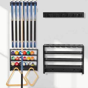 Pool Stick Holder - 7 Pool Cue Rack Wall Mount With Cue Rest and Ball holder, Wooden Pool Table Accessories Equipment Organizer, Billiard Cue Racks for Game Room Men Cave- Black