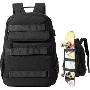 Skateboard Backpack, Large Skateboard Bag for Men and Women Laptop Bag with USB Port, for Skateboarding, College, Travel (Black)