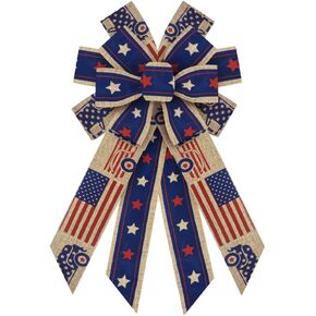Large Patriotic 4th of July Bow for Wreath, Burlap Patriotic Wreath Bow for 4th of July Décor, Blue Star Patriotic Wreath Bow for Front Door Indoor Outdoor Tree Topper Decoration Supplies Ornament