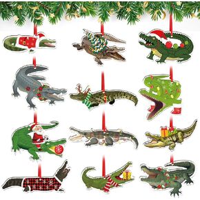 Queekay 12 Pieces Christmas Hanging Ornaments for Tree Realistic Crocodile Wooden Pendants Breast Cancer Awareness Sign Double Sided Christmas Ornaments for Xmas Tree Party Decor (Ribbon)
