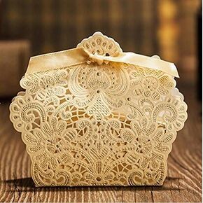 Krismile 50Pcs Wedding Decorations Red and Champagne Color Lace Hollow Candy Box Gift Box For Wedding Favors B002C (Red)
